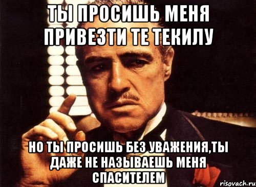 ты просишь меня привезти те текилу но ты просишь без уважения,ты даже не называешь меня спасителем, Мем крестный отец