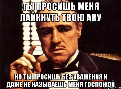 ты просишь меня лайкнуть твою аву но ты просишь без уважения и даже не называешь меня госпожой, Мем крестный отец