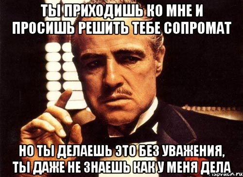 ты приходишь ко мне и просишь решить тебе сопромат но ты делаешь это без уважения, ты даже не знаешь как у меня дела, Мем крестный отец