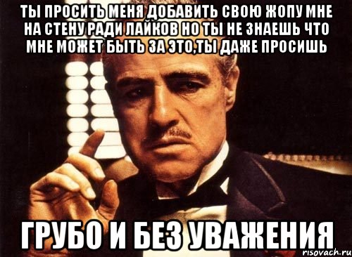 ты просить меня добавить свою жопу мне на стену ради лайков но ты не знаешь что мне может быть за это,ты даже просишь грубо и без уважения, Мем крестный отец