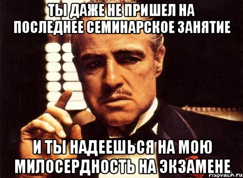 ты даже не пришел на последнее семинарское занятие и ты надеешься на мою милосердность на экзамене, Мем крестный отец