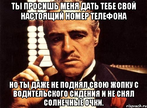 ты просишь меня дать тебе свой настоящий номер телефона но ты даже не поднял свою жопку с водительского сидения и не снял солнечные очки., Мем крестный отец