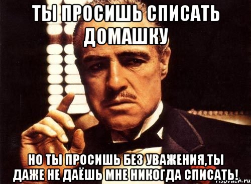 ты просишь списать домашку но ты просишь без уважения,ты даже не даёшь мне никогда списать!, Мем крестный отец