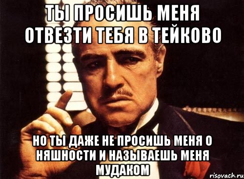 ты просишь меня отвезти тебя в тейково но ты даже не просишь меня о няшности и называешь меня мудаком, Мем крестный отец