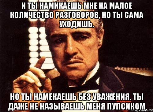 и ты намикаешь мне на малое количество разговоров, но ты сама уходишь. но ты намекаешь без уважения. ты даже не называешь меня пупсиком, Мем крестный отец