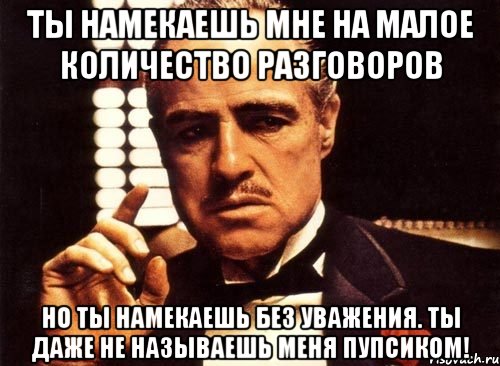 ты намекаешь мне на малое количество разговоров но ты намекаешь без уважения. ты даже не называешь меня пупсиком!, Мем крестный отец