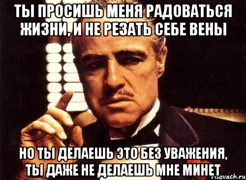 ты просишь меня радоваться жизни, и не резать себе вены но ты делаешь это без уважения, ты даже не делаешь мне минет, Мем крестный отец