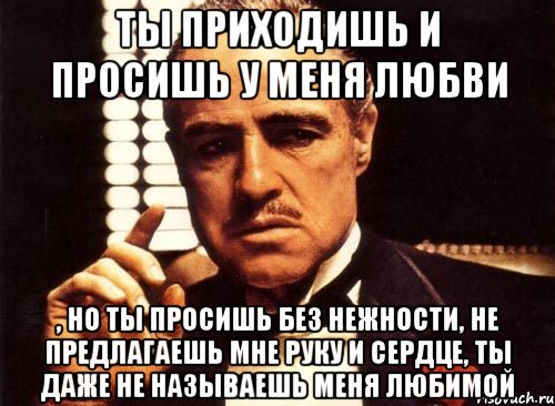 ты приходишь и просишь у меня любви , но ты просишь без нежности, не предлагаешь мне руку и сердце, ты даже не называешь меня любимой, Мем крестный отец