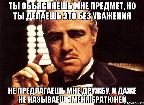 ты объясняешь мне предмет, но ты делаешь это без уважения не предлагаешь мне дружбу, и даже не называешь меня братюней, Мем крестный отец