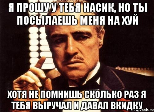 я прошу у тебя насик, но ты посылаешь меня на хуй хотя не помнишь сколько раз я тебя выручал и давал вкидку, Мем крестный отец