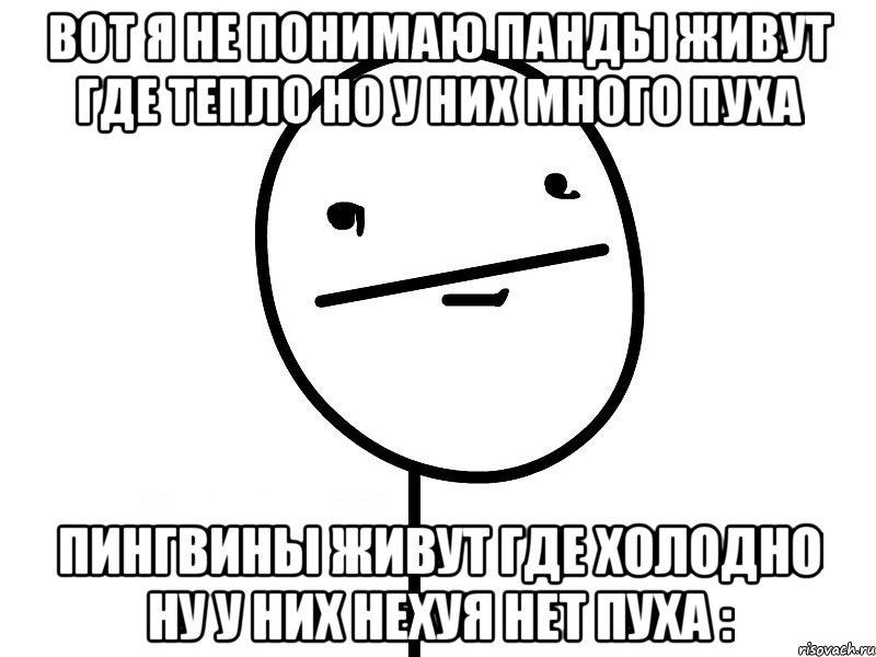 вот я не понимаю панды живут где тепло но у них много пуха пингвины живут где холодно ну у них нехуя нет пуха :, Мем Покерфэйс