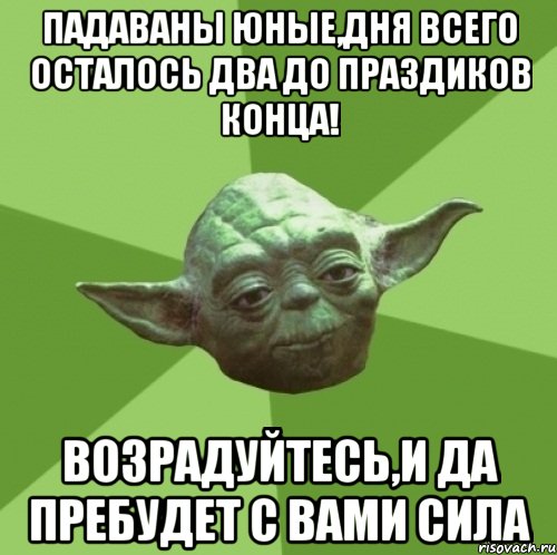 падаваны юные,дня всего осталось два до праздиков конца! возрадуйтесь,и да пребудет с вами сила, Мем Мастер Йода