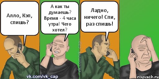 Алло, Кэп, спишь? А как ты думаешь? Время - 4 часа утра! Чего хотел? Ладно, ничего! Спи, раз спишь!