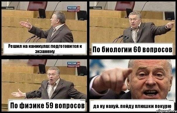 Решил на каникулах подготовится к экзамену По биологии 60 вопросов По физике 59 вопросов да ну нахуй. пойду плюшки покурю, Комикс с Жириновским