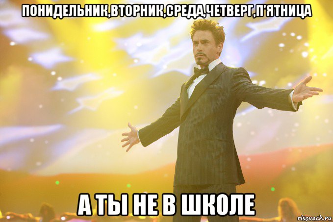 понидельник,вторник,среда,четверг,п'ятница а ты не в школе, Мем Тони Старк (Роберт Дауни младший)