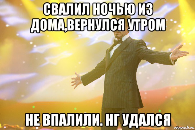 свалил ночью из дома,вернулся утром не впалили. нг удался, Мем Тони Старк (Роберт Дауни младший)