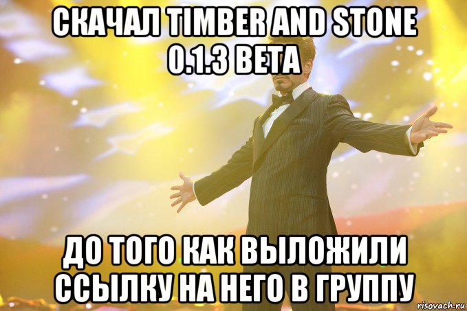 скачал timber and stone 0.1.3 beta до того как выложили ссылку на него в группу, Мем Тони Старк (Роберт Дауни младший)