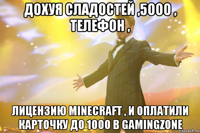 дохуя сладостей ,5ооо , телефон , лицензию minecraft , и оплатили карточку до 1ооо в gamingzone, Мем Тони Старк (Роберт Дауни младший)