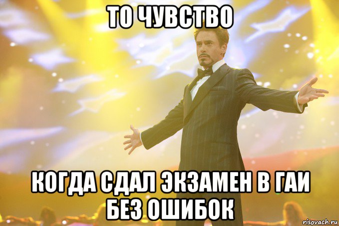 то чувство когда сдал экзамен в гаи без ошибок, Мем Тони Старк (Роберт Дауни младший)