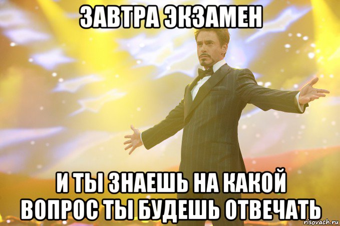 завтра экзамен и ты знаешь на какой вопрос ты будешь отвечать, Мем Тони Старк (Роберт Дауни младший)