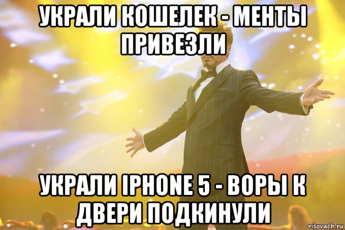 украли кошелек - менты привезли украли iphone 5 - воры к двери подкинули, Мем Тони Старк (Роберт Дауни младший)