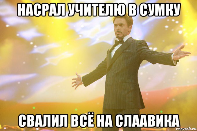 насрал учителю в сумку свалил всё на слаавика, Мем Тони Старк (Роберт Дауни младший)