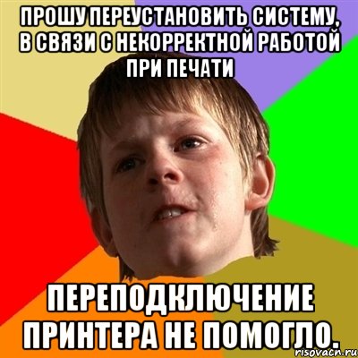 прошу переустановить систему, в связи с некорректной работой при печати переподключение принтера не помогло., Мем Злой школьник