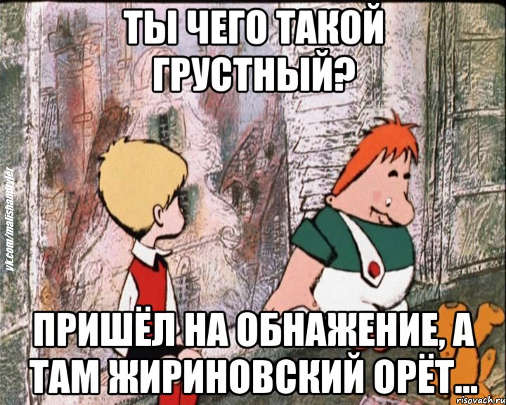 ты чего такой грустный? пришёл на обнажение, а там жириновский орёт..., Мем   дрзья