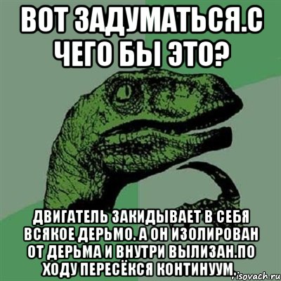 вот задуматься.с чего бы это? двигатель закидывает в себя всякое дерьмо. а он изолирован от дерьма и внутри вылизан.по ходу пересёкся континуум., Мем Филосораптор