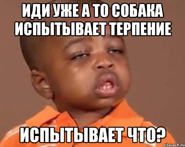 иди уже а то собака испытывает терпение испытывает что?, Мем  Какой пацан (негритенок)