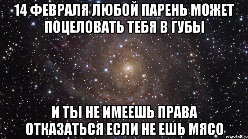 14 февраля любой парень может поцеловать тебя в губы и ты не имеешь права отказаться если не ешь мясо, Мем  Космос (офигенно)