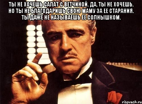 ты не хочешь салат с ветчиной. да, ты не хочешь. но ты не благодаришь свою маму за ее старания. ты даже не называешь ее солнышком. , Мем крестный отец