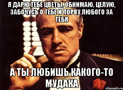 я дарю тебе цветы, обнимаю, целую, забочусь о тебе и порву любого за тебя а ты любишь какого-то мудака, Мем крестный отец