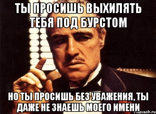 ты просишь выхилять тебя под бурстом но ты просишь без уважения, ты даже не знаешь моего имени, Мем крестный отец