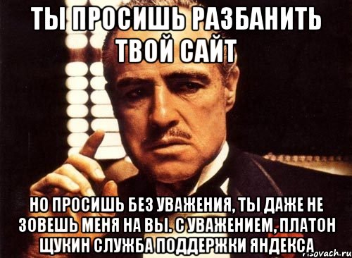 ты просишь разбанить твой сайт но просишь без уважения, ты даже не зовешь меня на вы. с уважением, платон щукин служба поддержки яндекса, Мем крестный отец