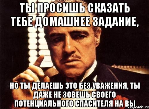 ты просишь сказать тебе домашнее задание, но ты делаешь это без уважения, ты даже не зовешь своего потенциального спасителя на вы, Мем крестный отец