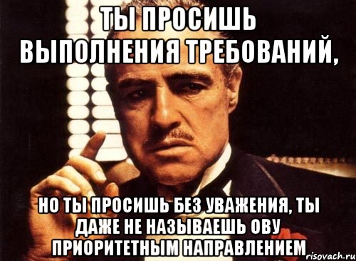 ты просишь выполнения требований, но ты просишь без уважения, ты даже не называешь ову приоритетным направлением, Мем крестный отец