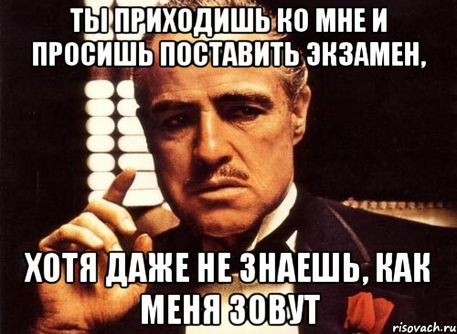 ты приходишь ко мне и просишь поставить экзамен, хотя даже не знаешь, как меня зовут, Мем крестный отец