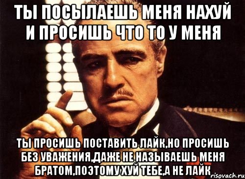 ты посылаешь меня нахуй и просишь что то у меня ты просишь поставить лайк,но просишь без уважения,даже не называешь меня братом,поэтому хуй тебе,а не лайк, Мем крестный отец