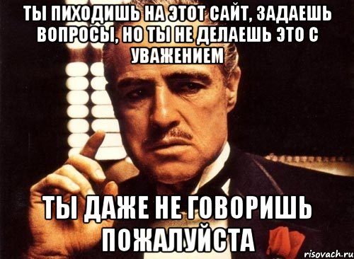 ты пиходишь на этот сайт, задаешь вопросы, но ты не делаешь это с уважением ты даже не говоришь пожалуйста, Мем крестный отец