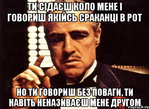 ти сідаєш коло мене і говориш якійсь сраканці в рот но ти говориш без поваги, ти навіть неназиваєш мене другом, Мем крестный отец