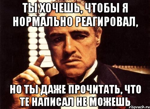 ты хочешь, чтобы я нормально реагировал, но ты даже прочитать, что те написал не можешь, Мем крестный отец