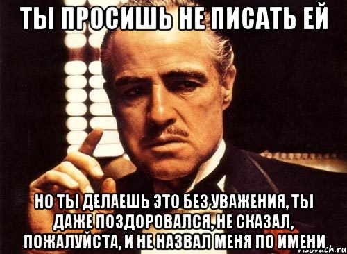 ты просишь не писать ей но ты делаешь это без уважения, ты даже поздоровался, не сказал, пожалуйста, и не назвал меня по имени, Мем крестный отец