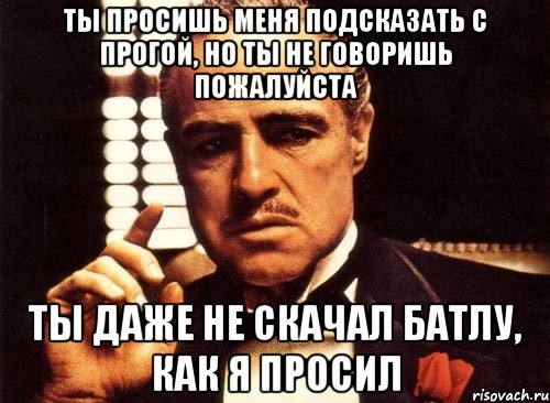 ты просишь меня подсказать с прогой, но ты не говоришь пожалуйста ты даже не скачал батлу, как я просил, Мем крестный отец