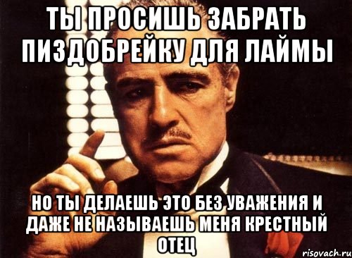 ты просишь забрать пиздобрейку для лаймы но ты делаешь это без уважения и даже не называешь меня крестный отец, Мем крестный отец