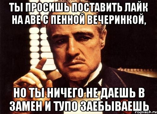 ты просишь поставить лайк на аве с пенной вечеринкой, но ты ничего не даешь в замен и тупо заебываешь, Мем крестный отец