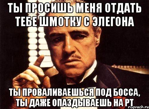 ты просишь меня отдать тебе шмотку с элегона ты проваливаешься под босса, ты даже опаздываешь на рт, Мем крестный отец