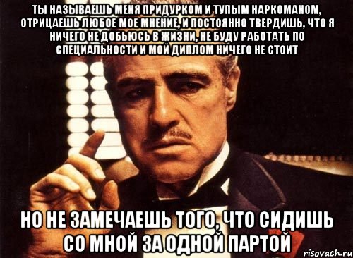 ты называешь меня придурком и тупым наркоманом, отрицаешь любое мое мнение, и постоянно твердишь, что я ничего не добьюсь в жизни, не буду работать по специальности и мой диплом ничего не стоит но не замечаешь того, что сидишь со мной за одной партой, Мем крестный отец