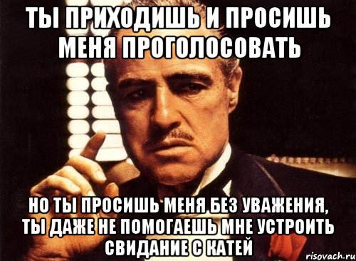 ты приходишь и просишь меня проголосовать но ты просишь меня без уважения, ты даже не помогаешь мне устроить свидание с катей, Мем крестный отец