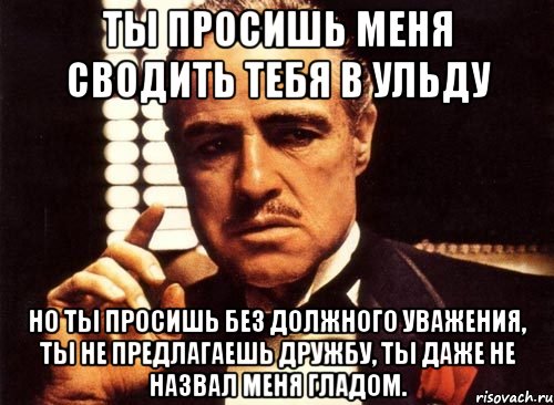 ты просишь меня сводить тебя в ульду но ты просишь без должного уважения, ты не предлагаешь дружбу, ты даже не назвал меня гладом., Мем крестный отец